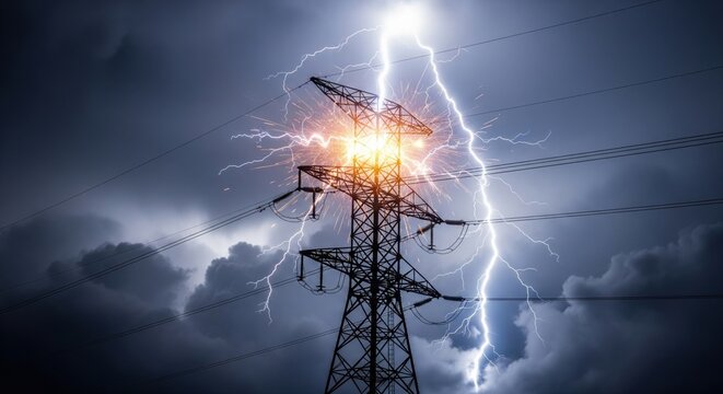 Power tower hit by lightning during thunderstorm