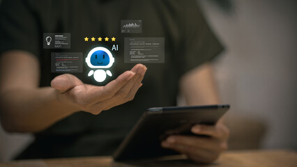 AI Chatbot Assistant with Five-Star Rating and Data Panels over Tablet