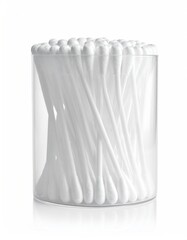 Cylindrical, transparent container filled with numerous cotton swabs