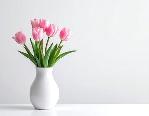 Pink tulips in a white vase against a plain background