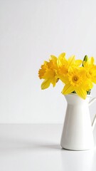 Bright yellow daffodils in a white pitcher, set against a stark white backdrop