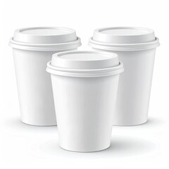 Three white paper coffee cups with lids, arranged against a white background