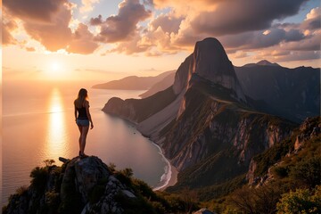 Woman standing on cliff overlooking sunrise.