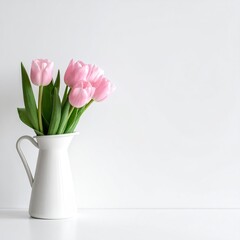 Pink tulips in a white pitcher against a stark white background