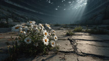 Cluster of daisies grows through cracked concrete in abandoned stadium, with sunlight streaming through roof