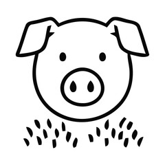 Cute Pig Face Icon with Grass on White Background, pig, animal, farm, livestock, agriculture, cute, cartoon, character, vector illustration.