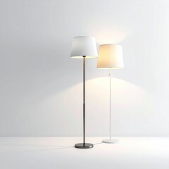 Two modern floor lamps with white shades, casting warm light against a white backdrop