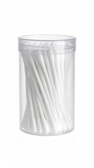 A clear plastic jar filled with white cotton swabs on a plain white backdrop