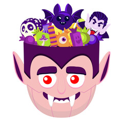 Flat vector illustration of a Halloween bucket shaped like a vampire head, full of colorful candies and sweets. Perfect element for spooky festive designs and promotions.