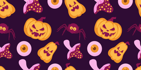 Flat vector seamless Halloween pattern with pumpkins, eyeball, spider and toxic mushroom on dark purple background. Ideal for packaging, textiles, posters, stationery, and spooky holiday decorations.