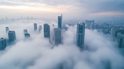 Fototapeta premium Skyscrapers peeking through dense fog covering urban city