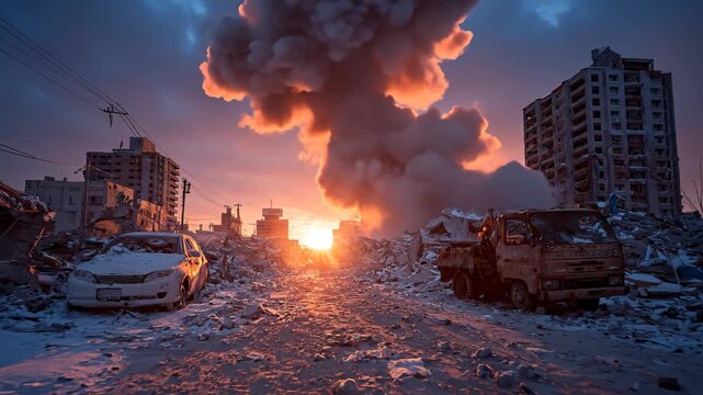 Powerful explosion in urban environment, thick smoke rising in dramatic war scene. Dark destruction and chaos.
