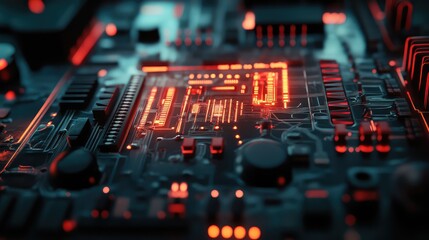 Obraz premium Circuit board processing digital data with glowing red light