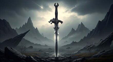 Fantasy sword plunged into ground with epic mountain landscape