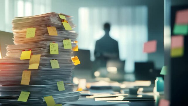 Stack of paperwork with colorful sticky notes placed on a desk in a busy office, symbolizing administrative burden, overwork, and pending tasks in a corporate environment