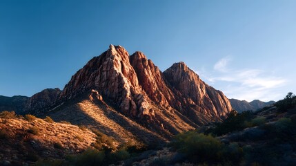 Fototapeta premium Towering, jagged rock formations dominate the arid, rugged desert terrain, creating a dramatic and scenic natural landscape under a bright, cloudless sky.