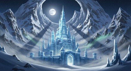 Fantasy ice castle illuminated by moonlight in snowy mountain landscape