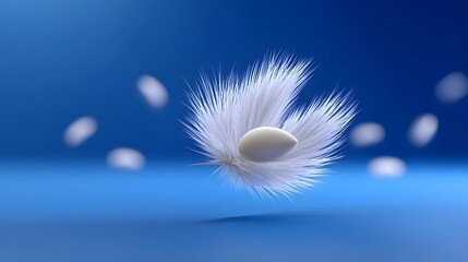 A soft, fluffy white feather suspended in mid-air against a serene, minimalist blue backdrop, creating a sense of weightlessness and tranquility.