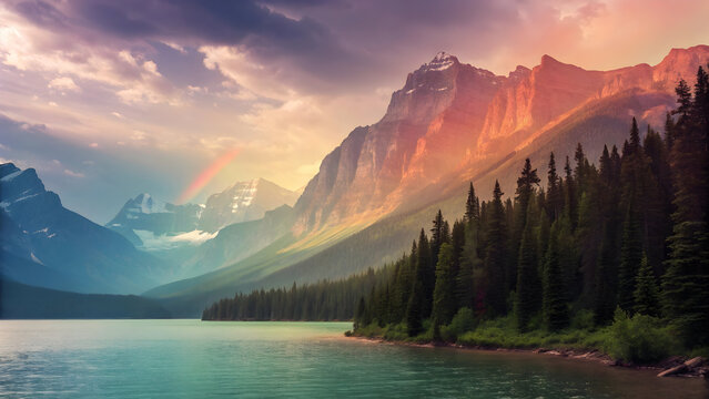 Majestic mountain range reflected in a serene turquoise lake under a dramatic sky with a rainbow nature Full HD 4K Video Download 2025 2026