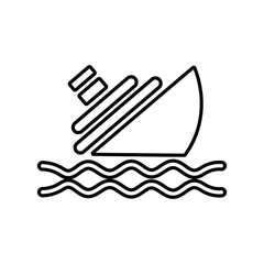 Black outline illustration shows a sinking ship surrounded by ocean waves on white background