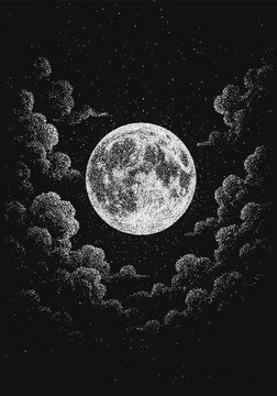 Black and white dotwork illustration of a full moon surrounded by clouds, hand-drawn stippling style celestial artwork with atmospheric night sky