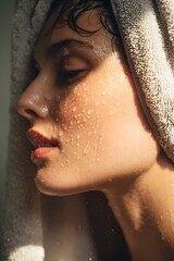 Wet face with water droplets, towel wrapped around head, natural light.