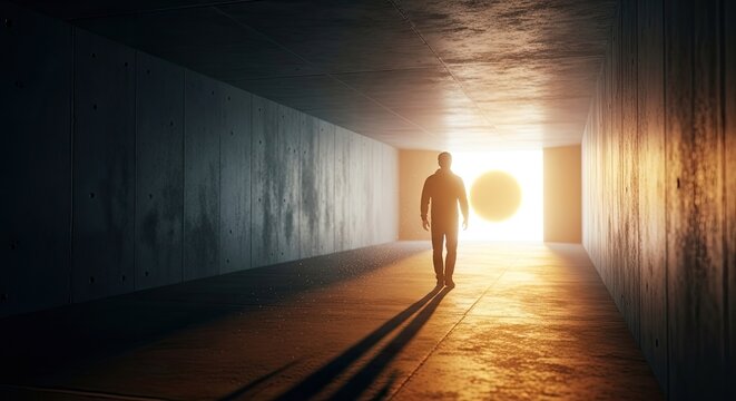 Person walks toward bright light in dark tunnel journey to future - Powered by Adobe