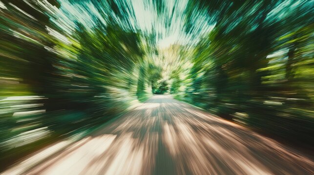 Forest road with zoom blur creating speed effect