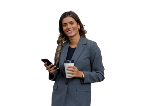 Professional businesswoman smiling, holding coffee cup and phone, enjoying a break, transparent background - Powered by Adobe