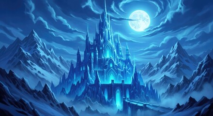 Fantasy ice castle at night under full moon in snowy mountains landscape
