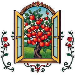 Symbolic traditional tattoo art print of the view of an apple tree