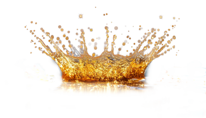 Orange-gold liquid splash in crown shape, beer, champagne PNG for overlay on any background.