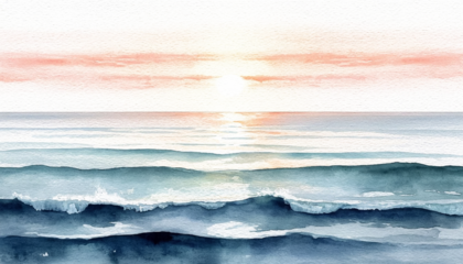 Soft pastel marine sunrise watercolor landscape PNG clipart with transparent background.