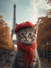 Charming Cat in Paris A Parisian Cat with Beret and Scarf near Eiffel Tower