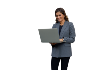 Professional businesswoman using laptop, standing and smiling, working remotely on transparent background