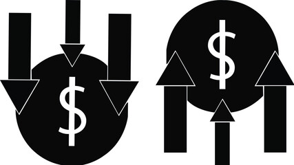 Money increase and decrease icons. Low or high total cost icon. Price, sale, rate or profit going up or down symbol with arrow and dollar sign. Vector illustration.