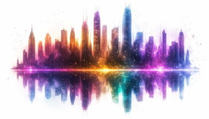 Luminous metropolis with iridescent towers and mirror effects PNG clipart with transparent background.