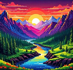 Colorful pixel art mountain valley sunset river nature scene