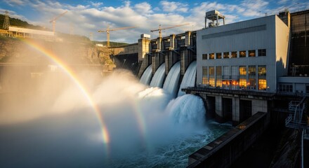 Water discharge from hydroelectric dam with rainbow reflection