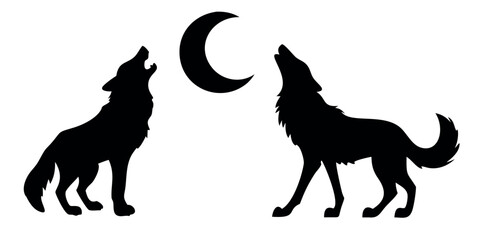 Vector Silhouette Set of Wolves Howling Running and Standing Alert
