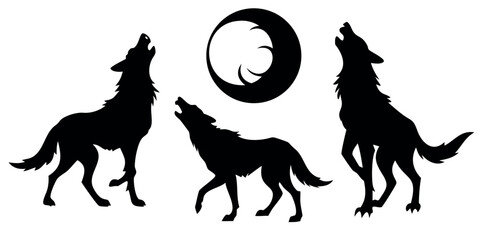 Vector Silhouette Set of Wolves Howling Running and Standing Alert