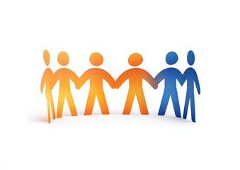 Paper cutouts of people linked in a circle.  Diverse colors, orange and blue figures,  forming a community