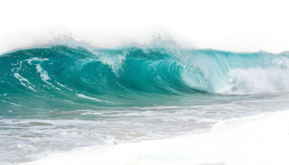 Turquoise wave with foam rolling onto shore PNG on transparent background for universal design overlay.