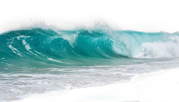 Turquoise wave with foam rolling onto shore PNG on transparent background for universal design overlay.