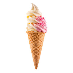 Pink Strawberry Ice Cream Scoop in Crispy Waffle Cone PNG Isolated on Transparent Background