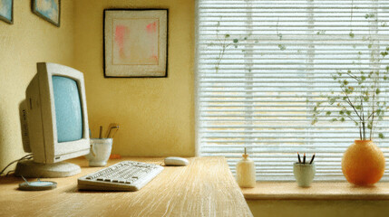 Vintage computer on wooden desk with window blinds and decorative plants creating cozy workspace with soft natural light