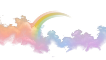Rainbow and clouds with pastel bright tones and glow PNG for overlay on any background.