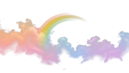 Rainbow and clouds with pastel bright tones and glow PNG for overlay on any background.
