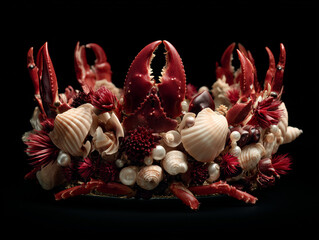 Obraz premium A surreal royal crown crafted from red crab claws and seashells, set in a dramatic still-life scene with rich colors and detailed textures.