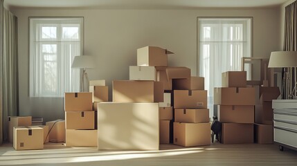 Cardboard boxes piling up in empty room during move